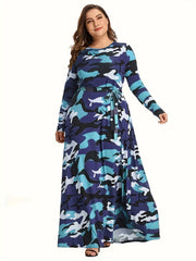Camo Print Long Sleeve Maxi Dress With Belt