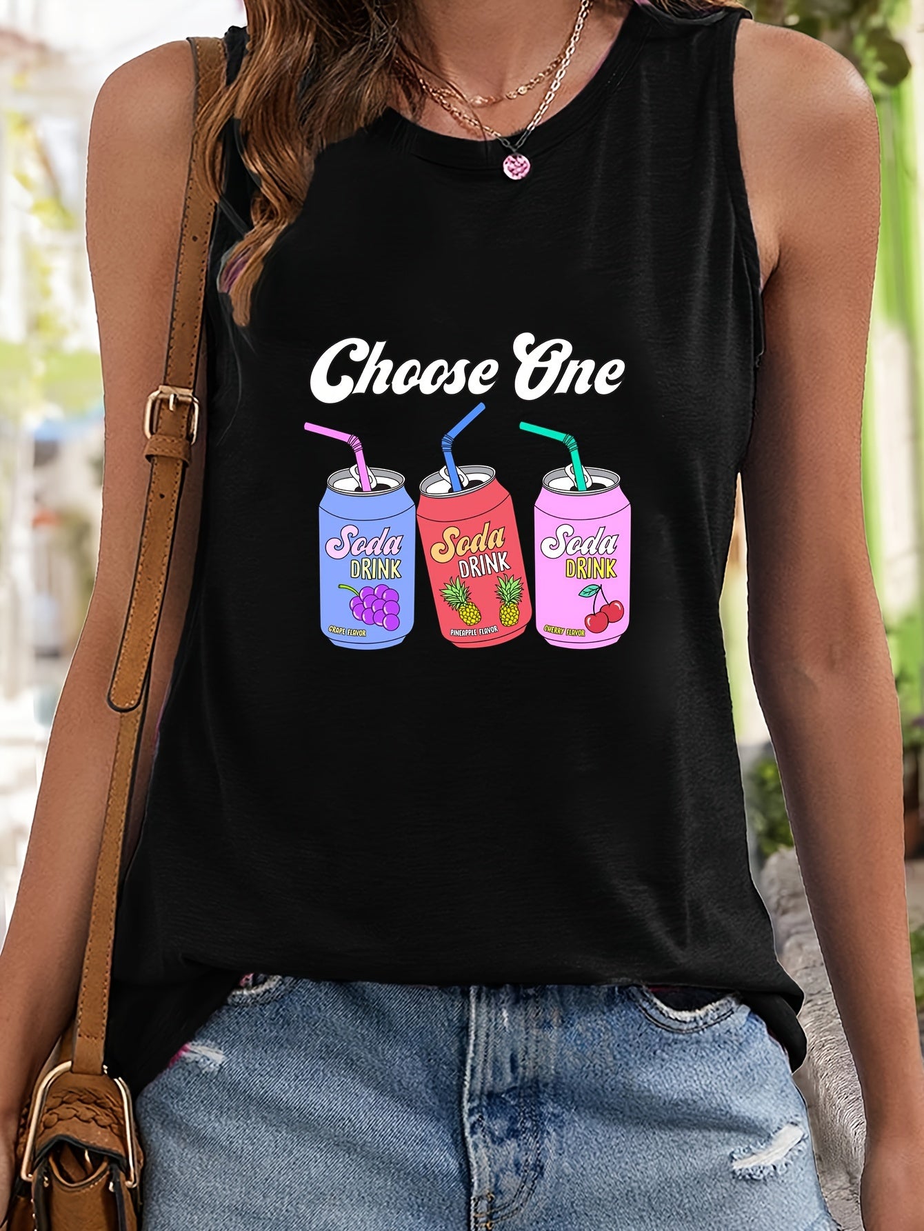 Drink & Letter Print Sleeveless Sports Vest Round Neck Casual Top