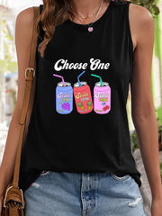 Drink & Letter Print Sleeveless Sports Vest Round Neck Casual Top
