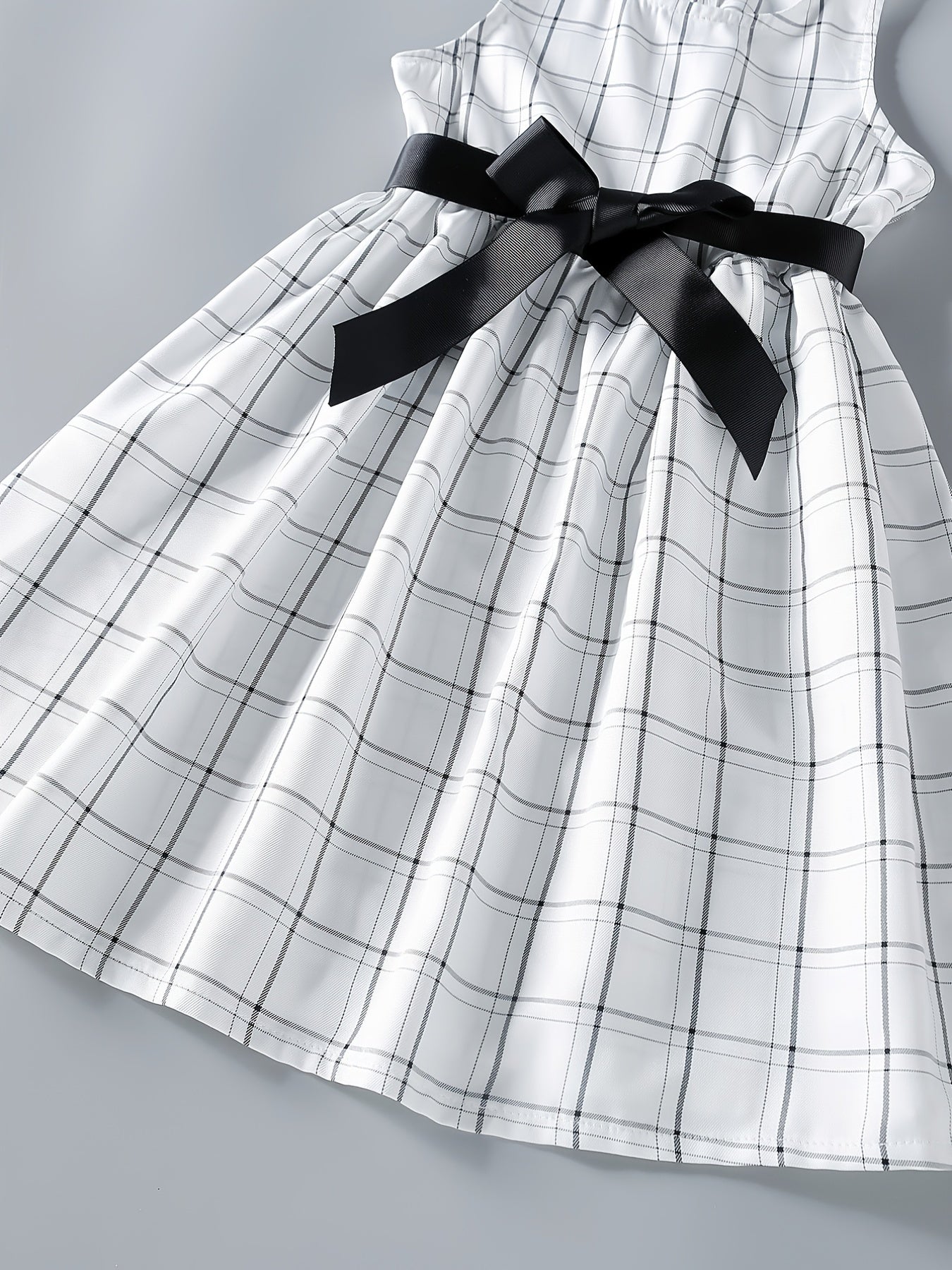 Girls Plaid Sleeveless Dress with Bow Belt