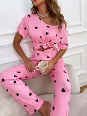 Heart Print Pink Pajamas Set Short Sleeve Top & Elastic Waistband Pants