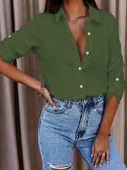 Women's Plus Solid Button Up Roll Up Sleeve Casual Blouse