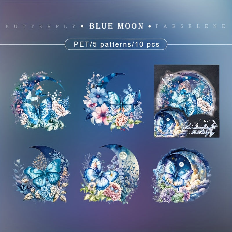 10pcs Moonlight Butterfly Decorative Stickers Pack Waterproof Scrapbook Journal