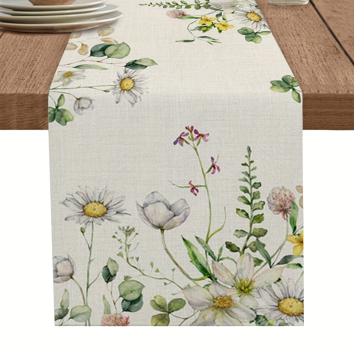 Long Eucalyptus Leaf Green Plants Chrysanthemum Linen Table Runner