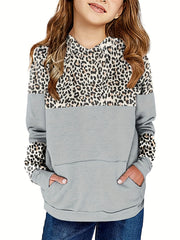Girls Leopard Stitching Hoodie Long Sleeve Fleece Sweatshirt for Autumn