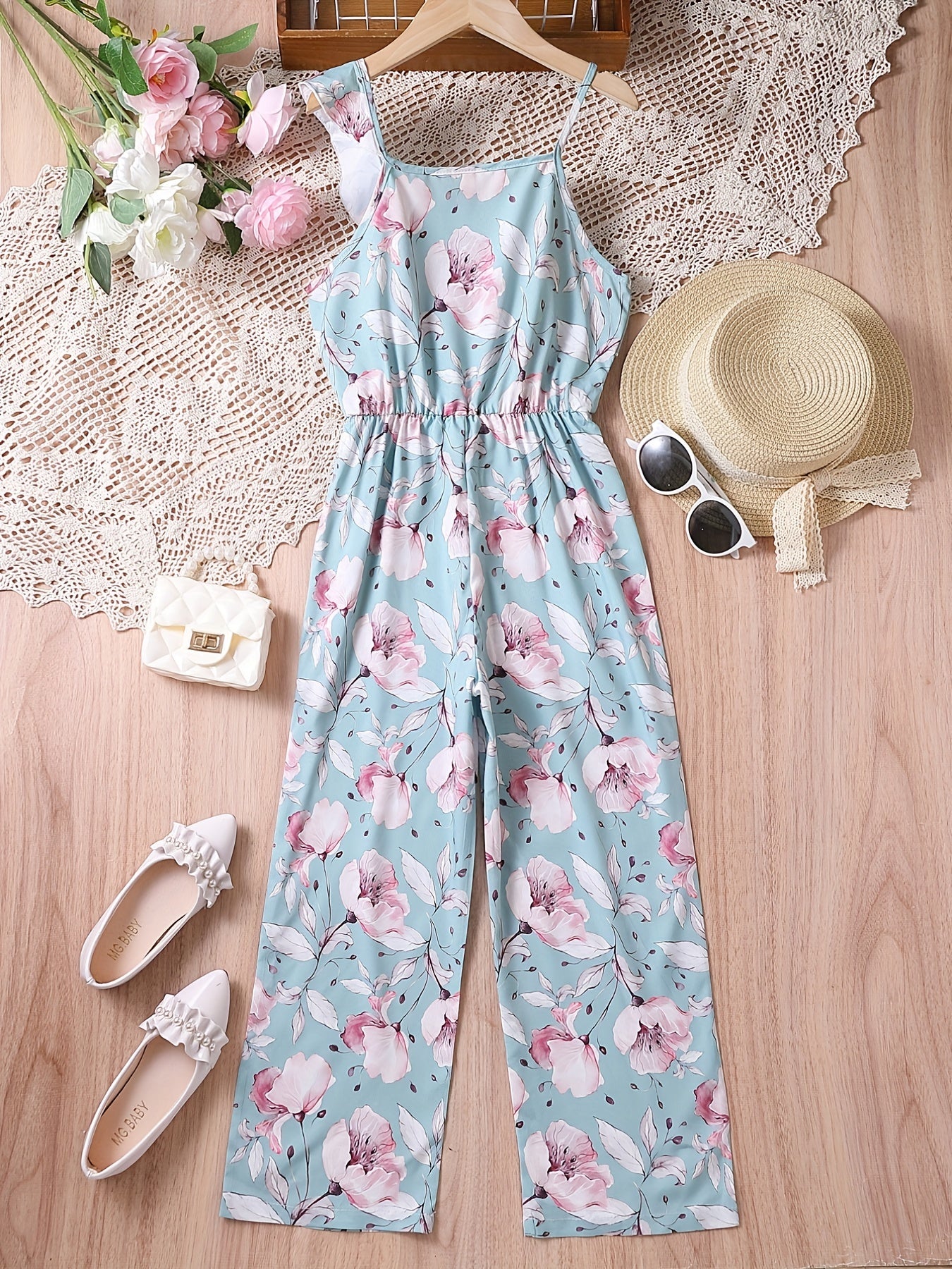 Floral Ruffle Trim Rompers Wide Leg Jumpsuit for Beach Vacation