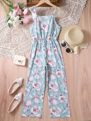 Floral Ruffle Trim Rompers Wide Leg Jumpsuit for Beach Vacation