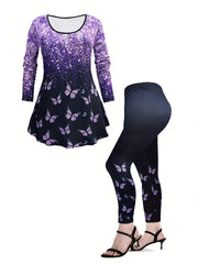 Butterfly Print Peplum Top & Leggings Set