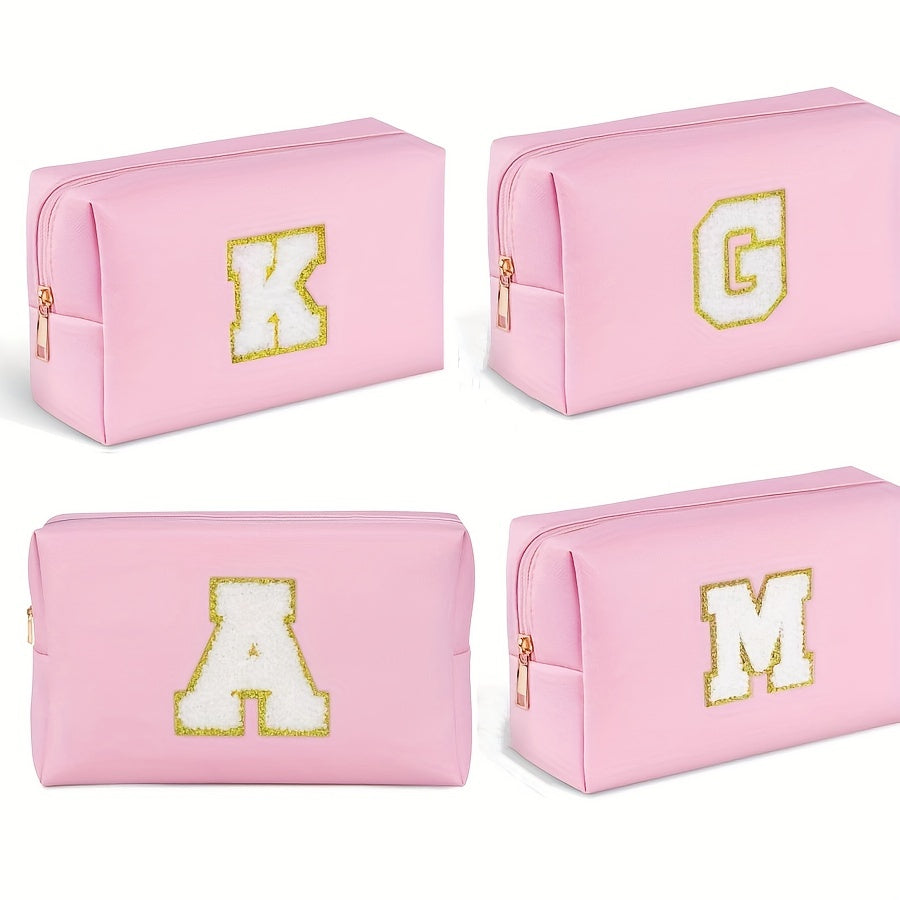 Preppy Makeup Bag With Zipper Chenille Letter Pink Travel Cosmetic Bag For Women