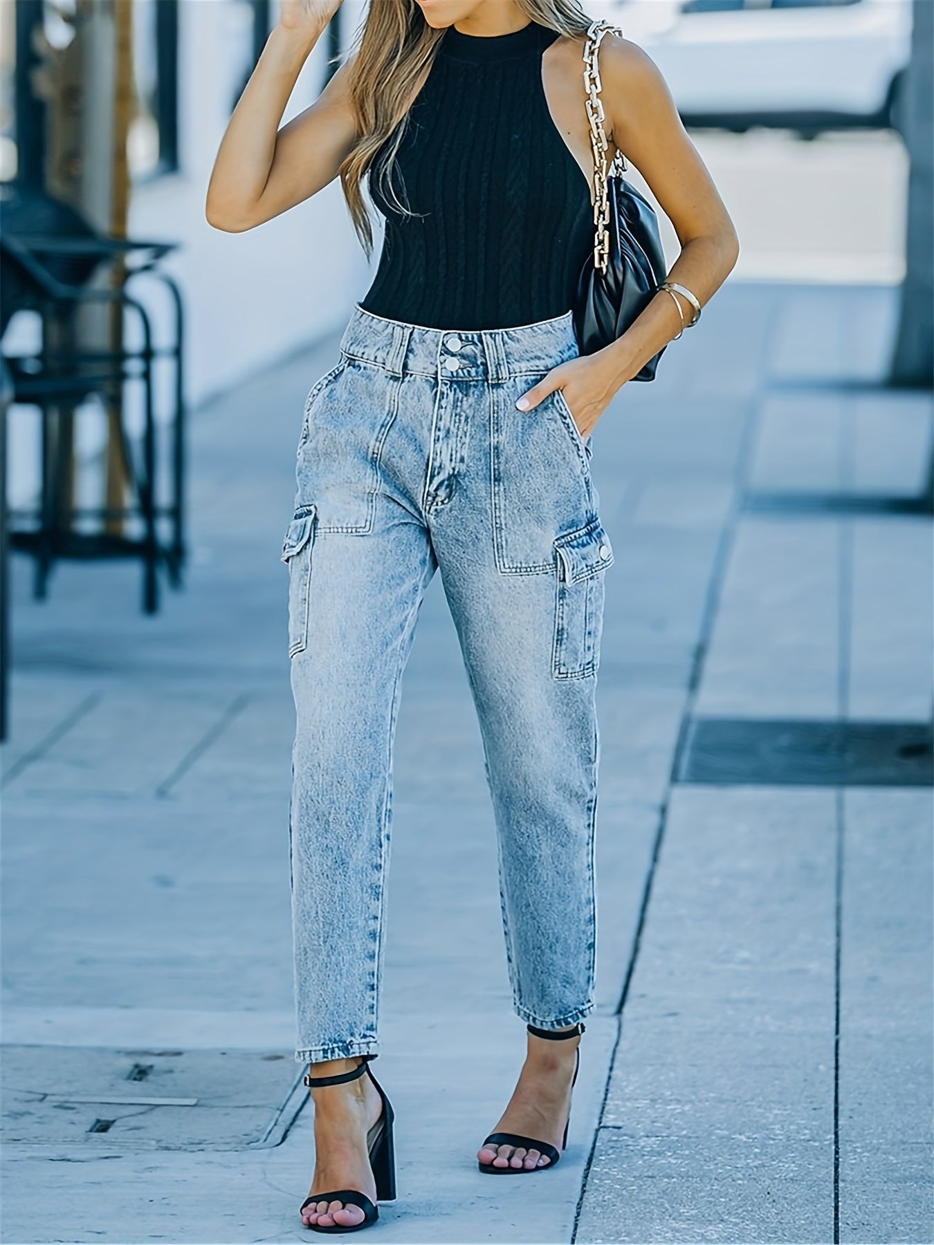 Flap Pockets Straight Jeans High Waist Non Stretch Cargo Pants