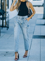 Flap Pockets Straight Jeans High Waist Non Stretch Cargo Pants
