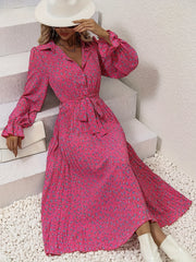 Floral Print Button Belted Pleated Dress Flounce Sleeve Midi Dress