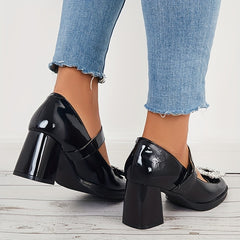 Women's Block Heeled Mary Jane Square Rhinestone Decor Pumps