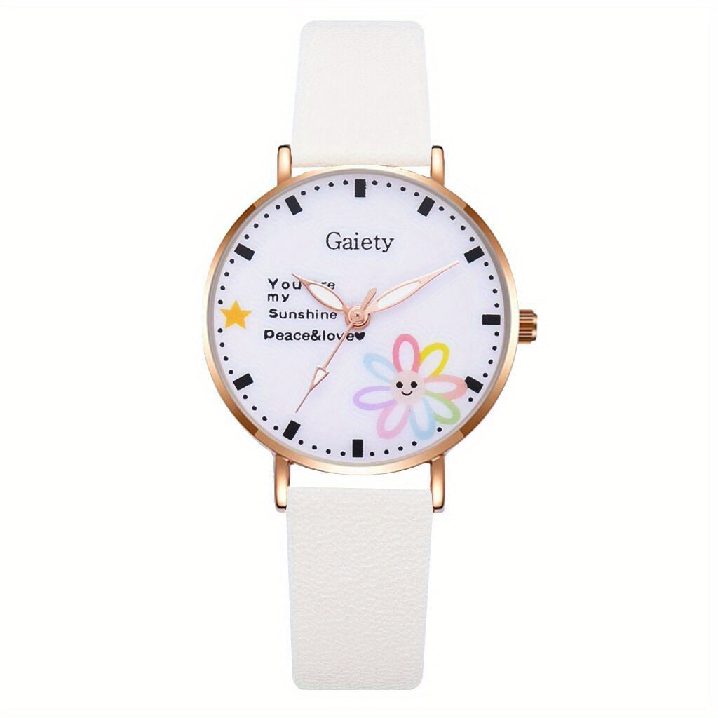 Flower Smile Face Cartoon Girls Quartz Watch Leather Daughter Gift