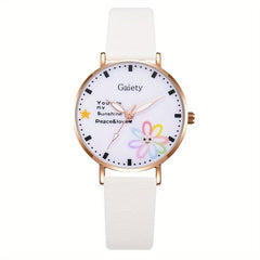 Flower Smile Face Cartoon Girls Quartz Watch Leather Daughter Gift