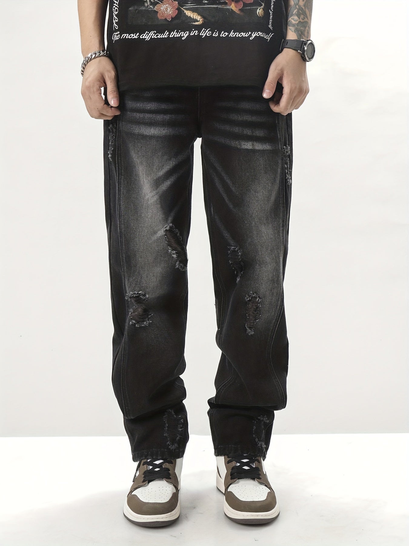 Vintage Ripped Jeans Men's Casual Street Style Distressed Denim Pants