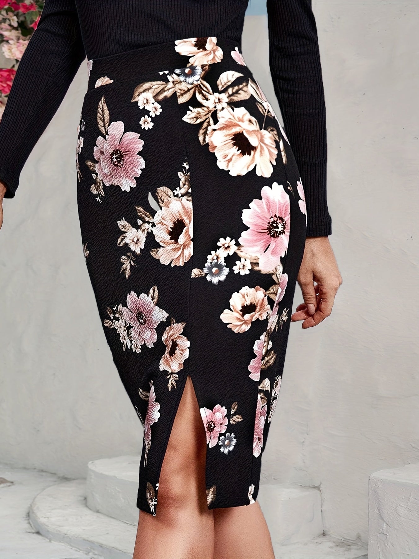 Floral Print Split Bodycon Skirt High Waist Skirt for Spring & Summer