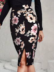 Floral Print Split Bodycon Skirt High Waist Skirt for Spring & Summer