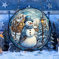 Christmas Snowman Suncatcher Stained Glass Window Hanging