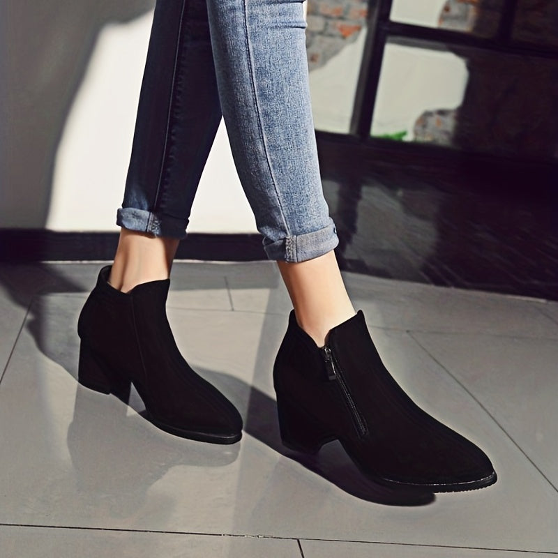 Women's Chunky Heeled Ankle Boots Round Toe Side Zipper Mid Heel Shoes