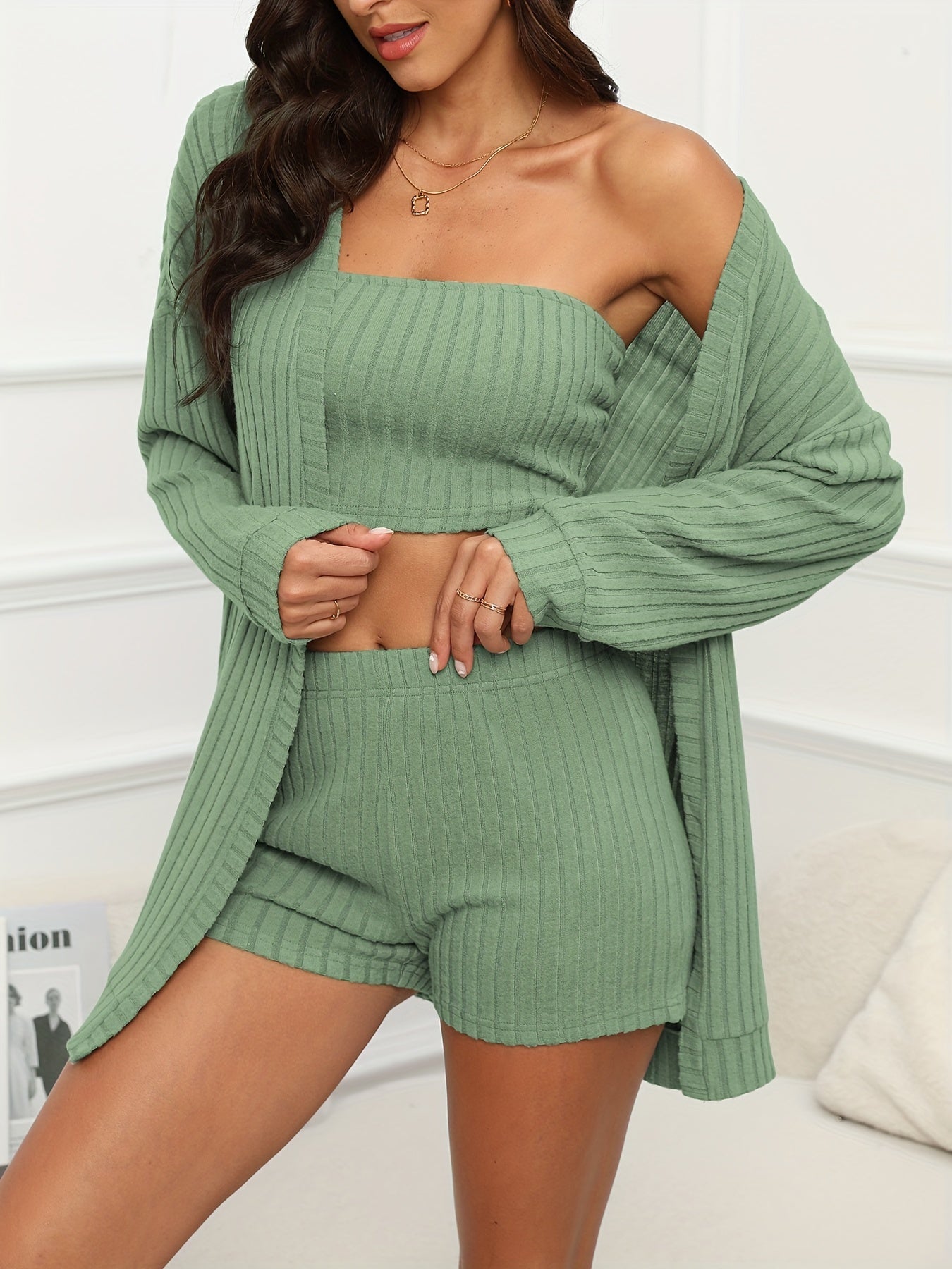 Textured 3pc Set Long Sleeve Cardigan Tube Top Shorts