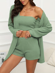 Textured 3pc Set Long Sleeve Cardigan Tube Top Shorts