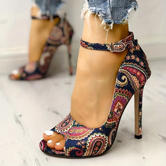 Retro Flower Stiletto Heels Peep Toe Buckle Pumps Summer