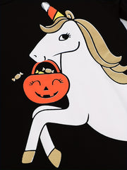 Cotton Unicorn & Pumpkin Print T-shirt for Fall Halloween
