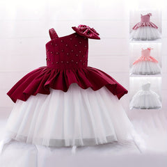 Girls Lace Trim Puffy Princess Dress for Wedding Birthday Party