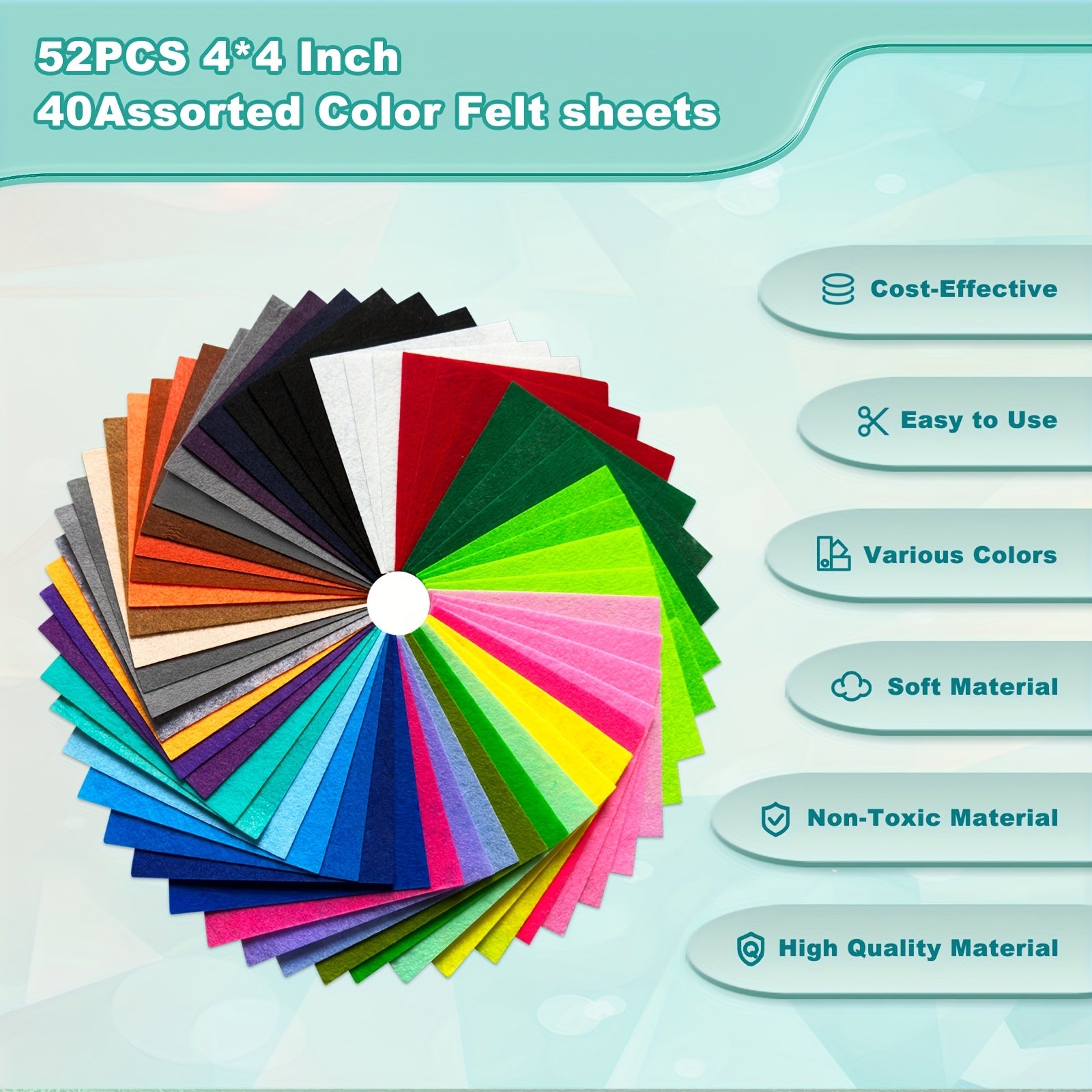 52pcs 4x4 Inch Felt Fabric Sheets 40 Colors 1mm Thickness DIY Crafts Embroidery
