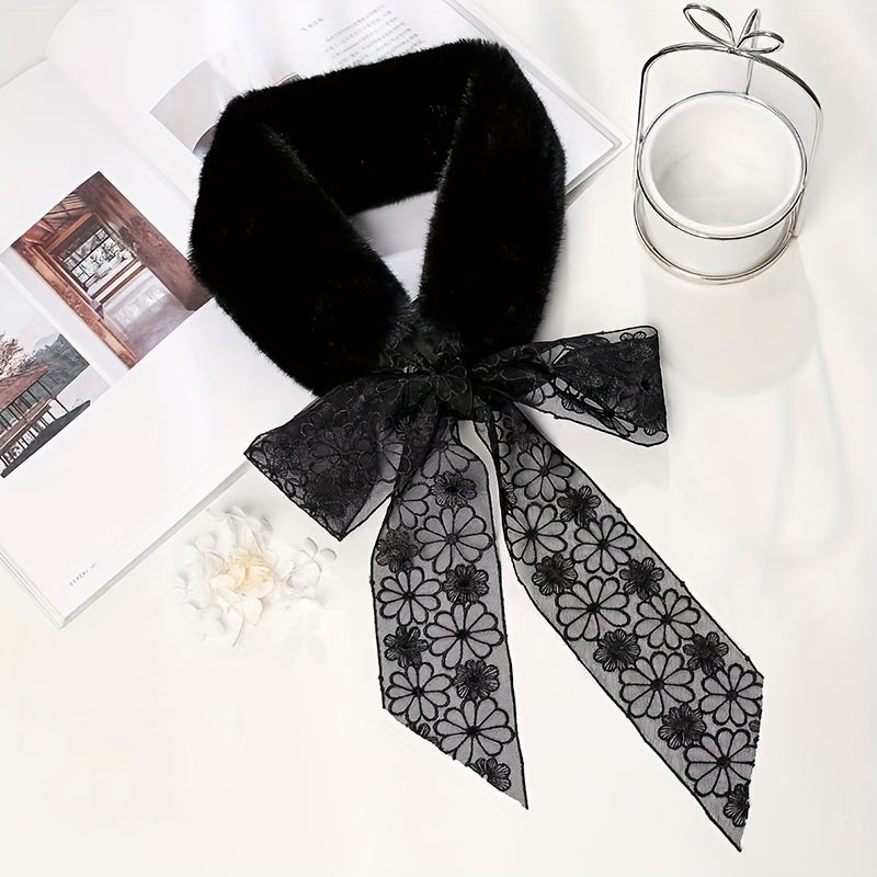 Rabbit Fur Neck Scarf Lace Small Scarf Bow Tie Solid Warm For Women