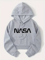 Letter Graphic Drawstring Crop Hoodie Long Sleeve Sweatshirt
