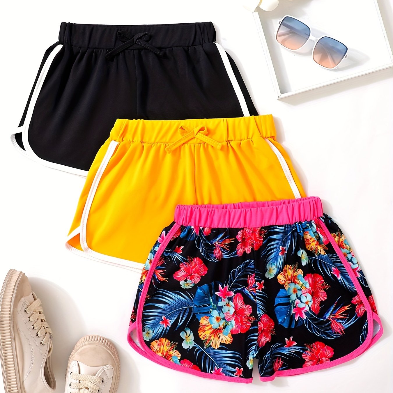 3pcs Girls Casual Sports Yoga Shorts Elastic High Waist Contrast Binding