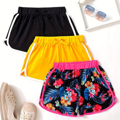 3pcs Girls Casual Sports Yoga Shorts Elastic High Waist Contrast Binding