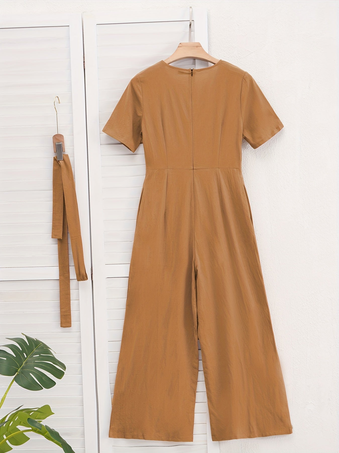 Solid Jumpsuit Casual Short Sleeve Wide Leg Jumpsuit