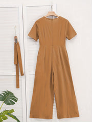 Solid Jumpsuit Casual Short Sleeve Wide Leg Jumpsuit