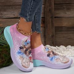 Breathable Cartoon Dog Print Non slip Running Shoes with Rhinestone Decoration