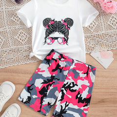 Girls Pink Camo Portrait Graphic Tee & Bike Shorts Set
