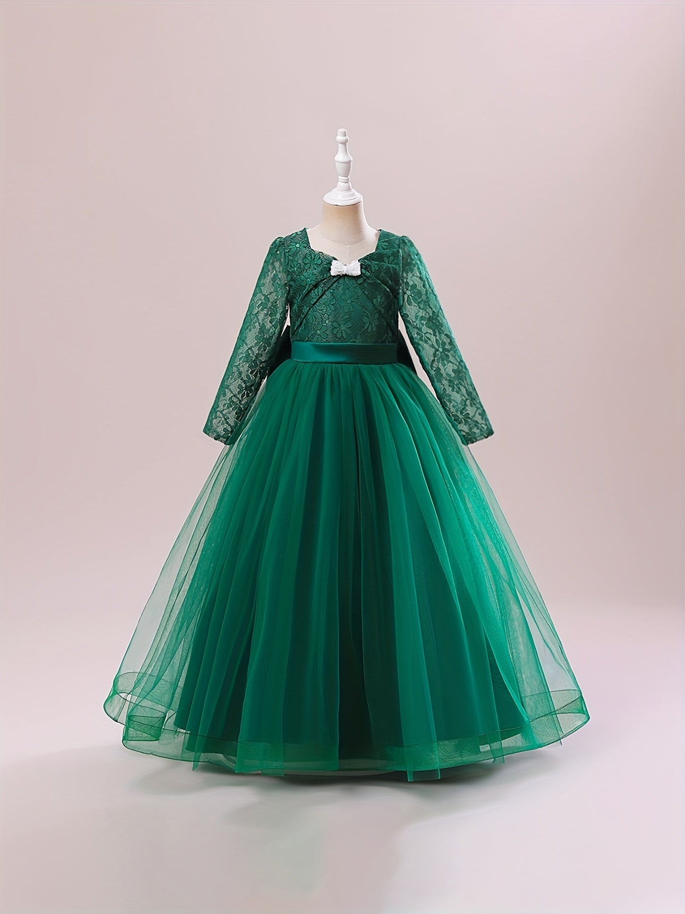 Girls Lace Long Sleeve Catwalk Tulle Maxi Princess Dress