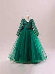 Girls Lace Long Sleeve Catwalk Tulle Maxi Princess Dress