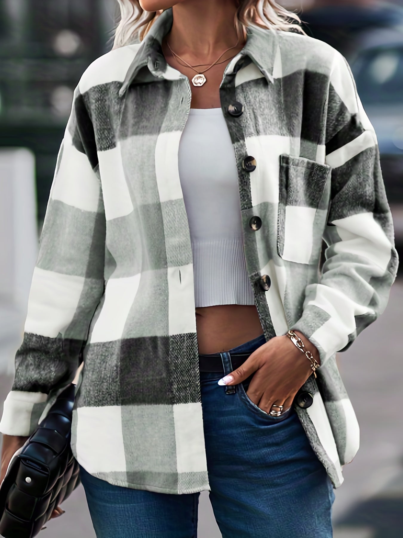 Plaid Print Shacket Jacket Collared Outerwear Women's Clothing