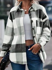 Plaid Print Shacket Jacket Collared Outerwear Women's Clothing