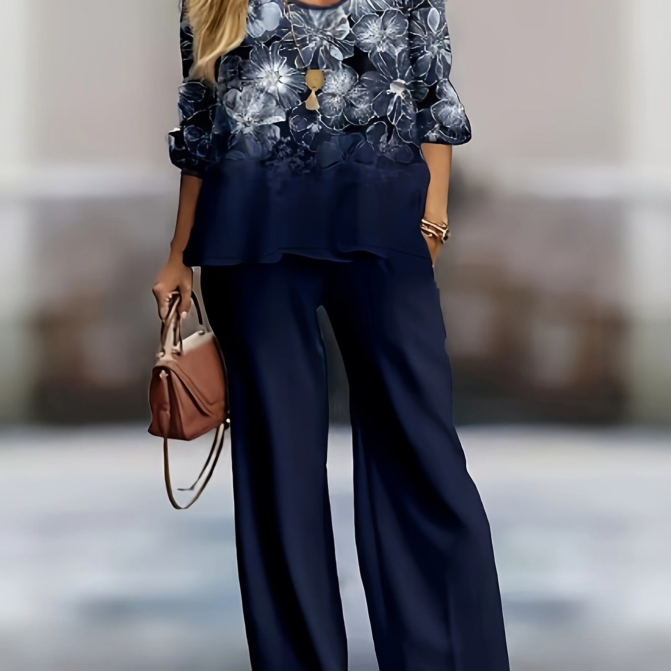 Women's Plus Floral Print Long Sleeve Top & Loose Pants Set