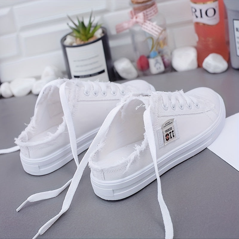 Women's Letter Patched Mules Sneakers Lace Up Raw Trim Canvas Shoes
