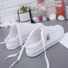 Women's Letter Patched Mules Sneakers Lace Up Raw Trim Canvas Shoes