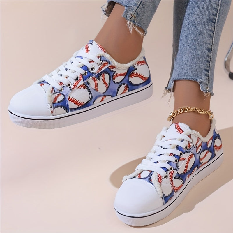 Women's Baseball Canvas Sneakers Round Toe Lace Up Flat Shoes