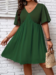 Casual Dress Solid V Neck Short Sleeve Ruched Dress