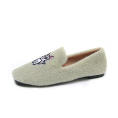 Women's Cat Embroidered Faux Fur Moccasin Slip-On Shoes