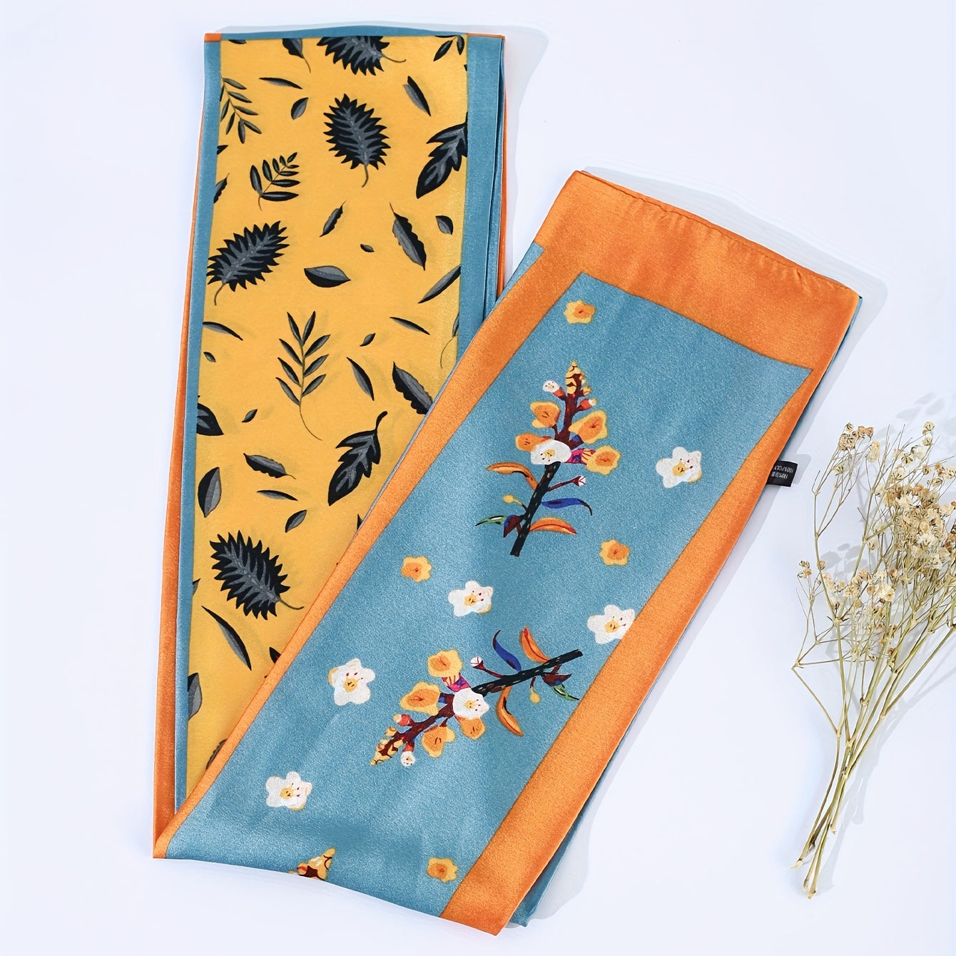 Flower Plant Print Skinny Scarf Block Long Ribbon Necktie Twilly Scarf
