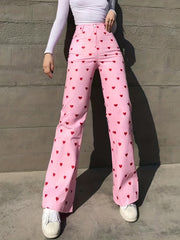 Y2K Heart Print Wide Leg Pants High Waist Button Pants